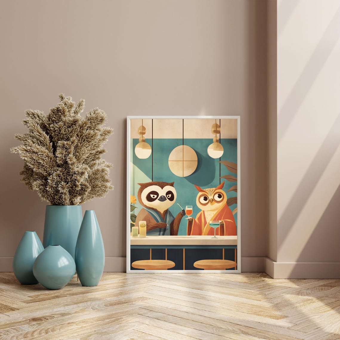 Owl and Sloth Drinking Cocktails at a Cozy Mid Century Bar Poster - Image 7