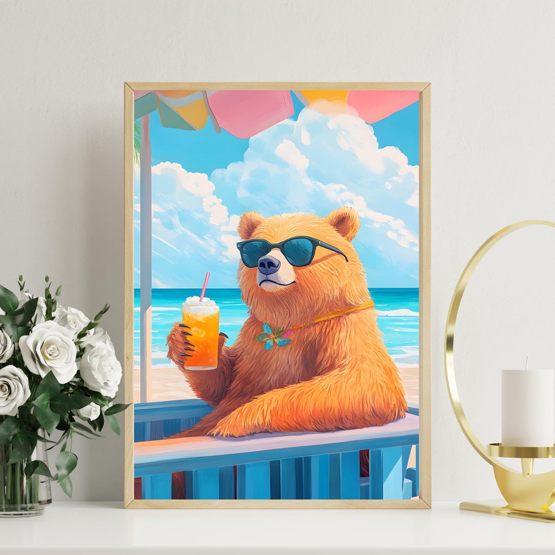 Chill Bear With Sunglasses And Cocktail At Beach Bar Fun Poster