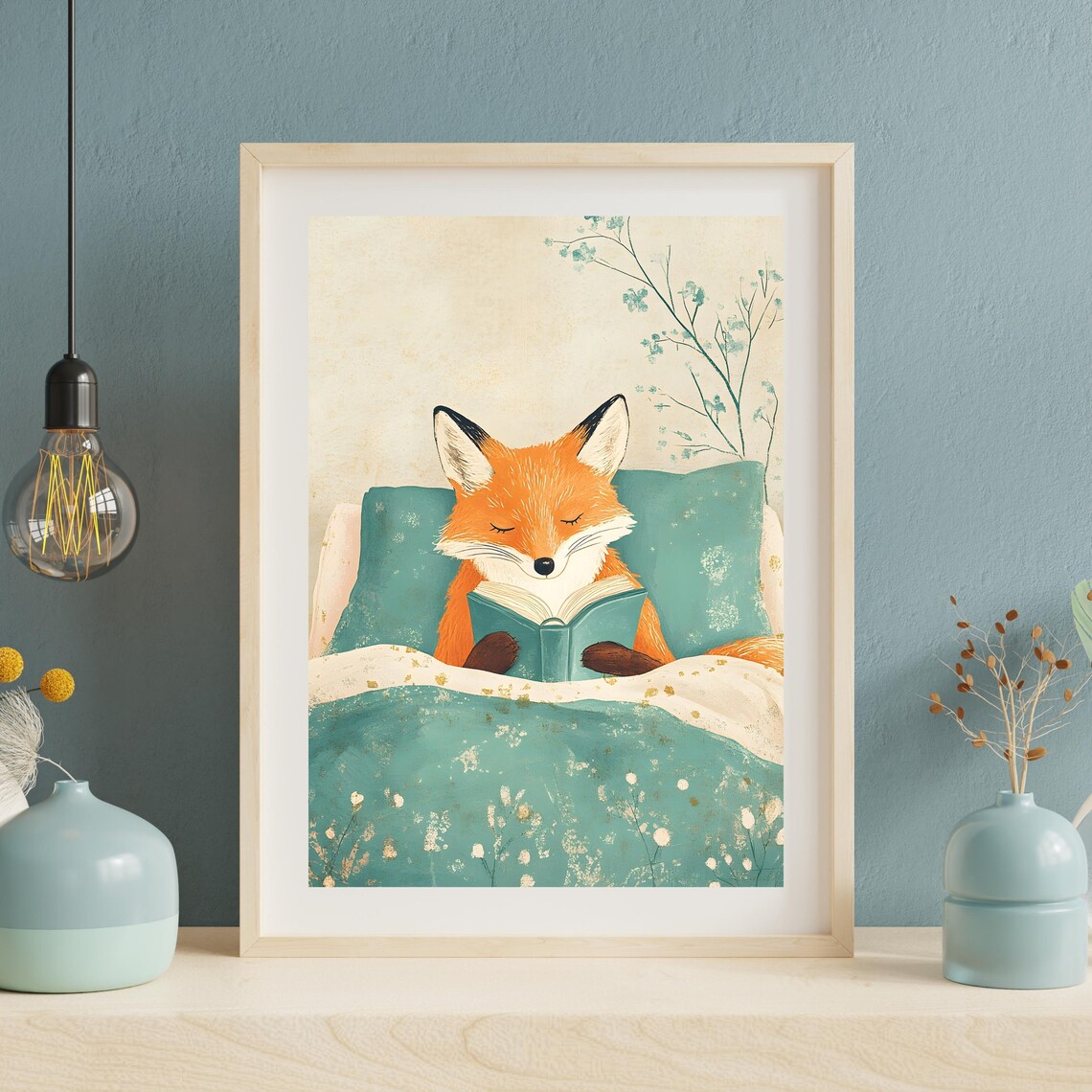Fox Reading Book in Bed Cute Cozy Bedtime Animal Nursery Art Poster