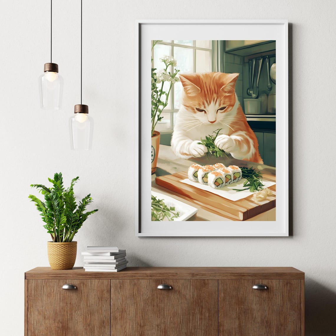Orange Tabby Cat Making Sushi Rolls in Bright Kitchen Poster - Image 2