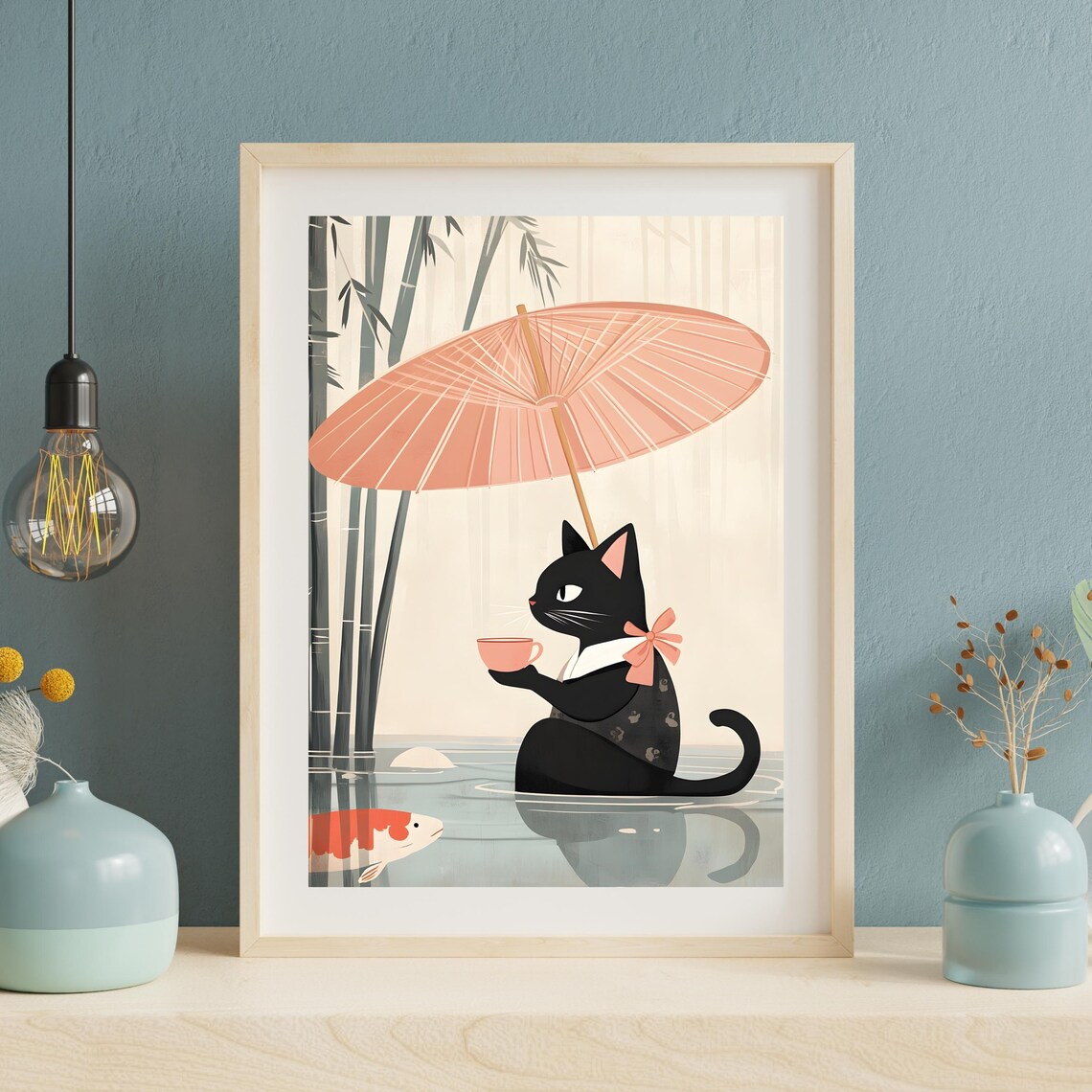 Black Cat With Pink Umbrella Drinking Tea in a Rainy Pond Poster - Image 3
