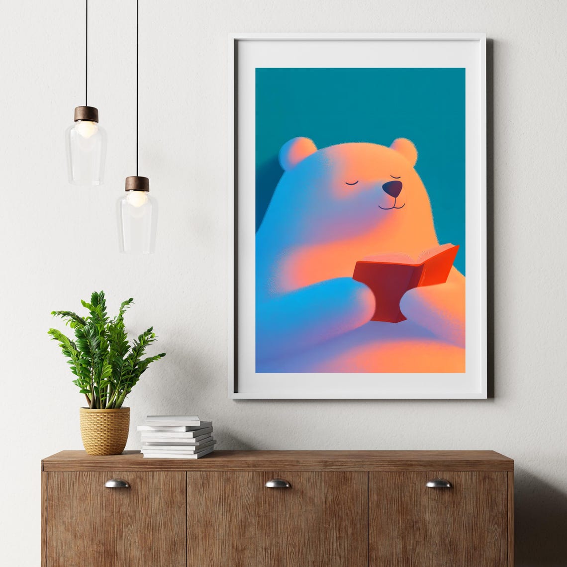 Gentle Glowing Polar Bear Reading a Little Red Book at Night Poster - Image 2