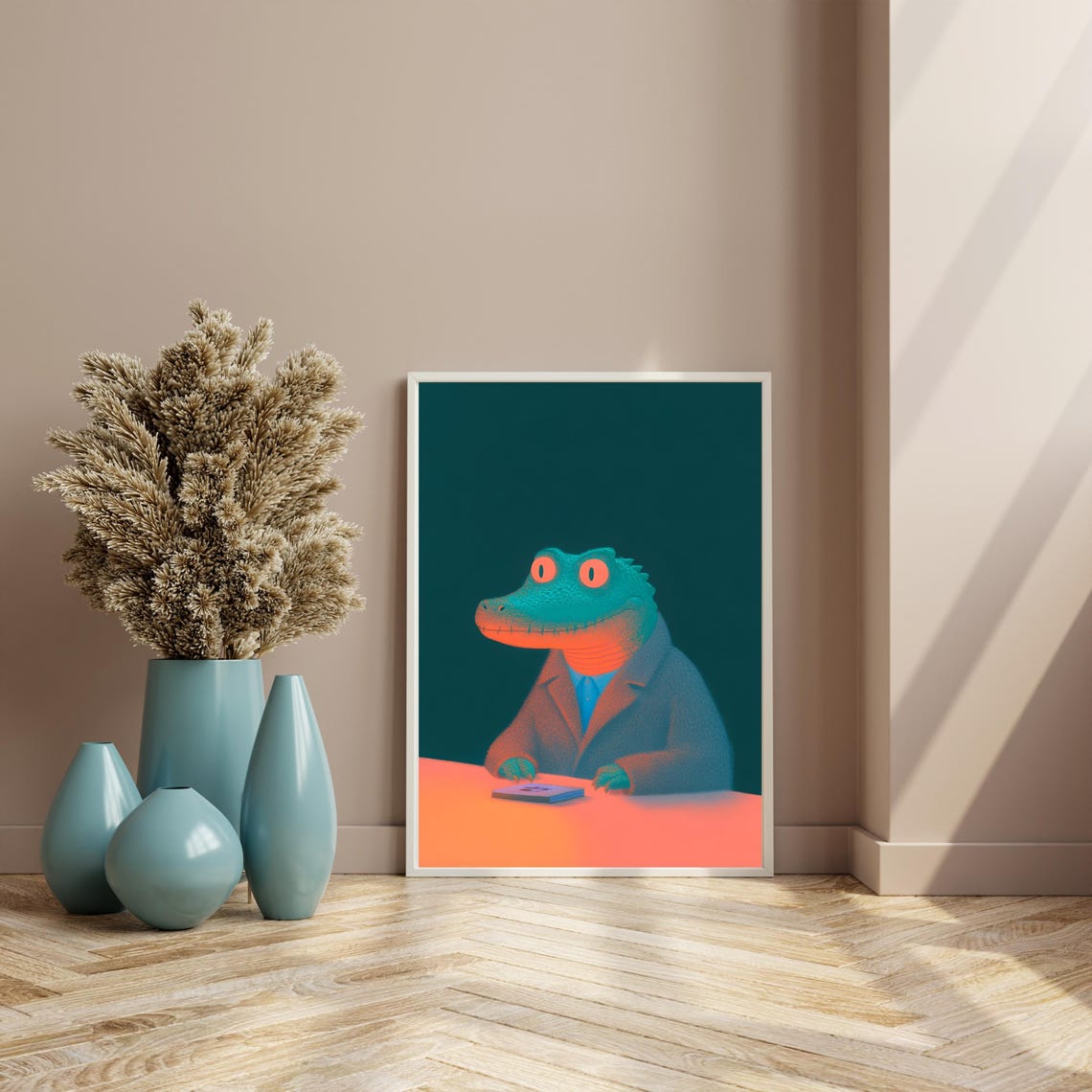Neon Crocodile In Suit Sitting At Desk Surreal Reptile Art Poster - Image 4