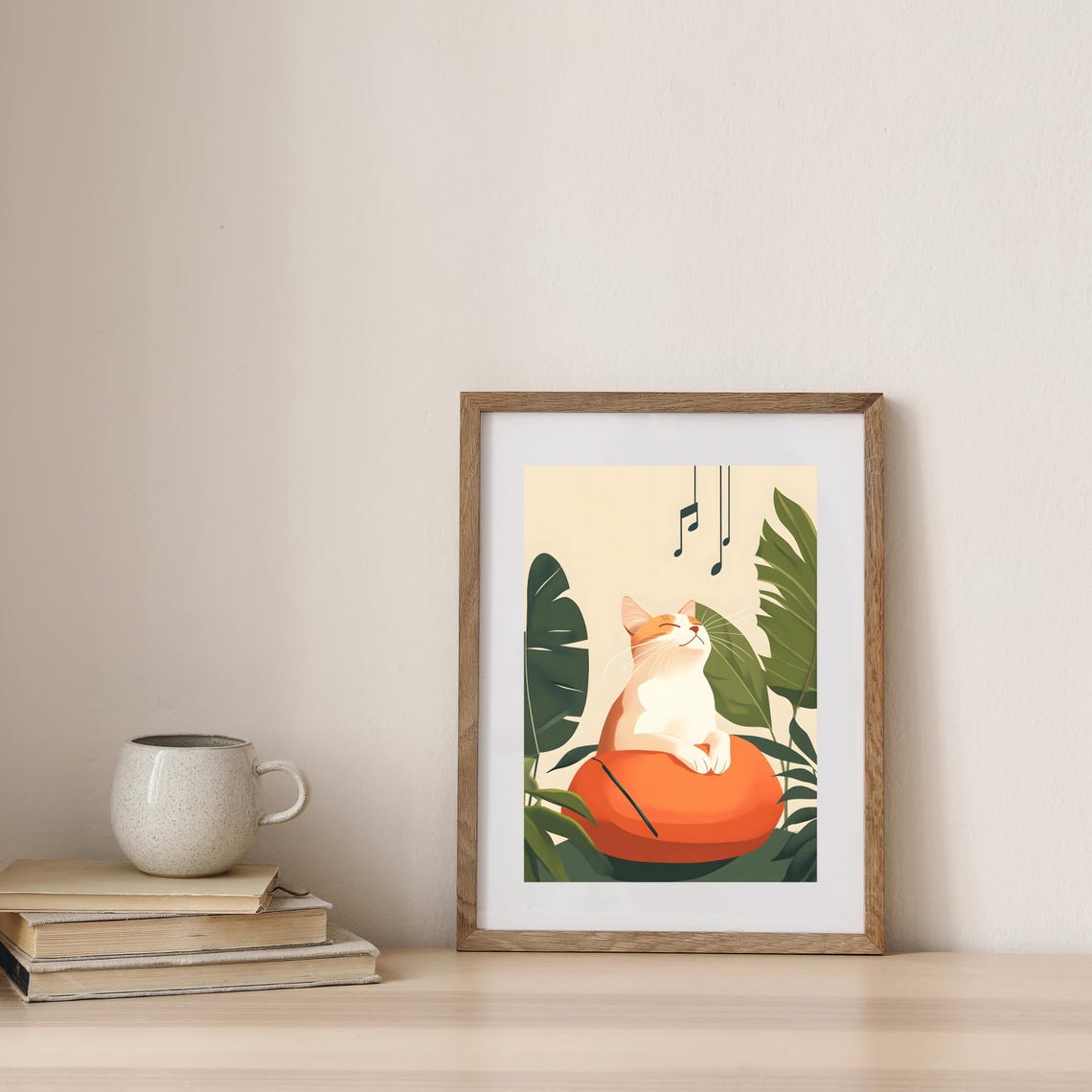 Happy White Cat on an Orange Pouf among Tropical Leaves Poster - Image 7