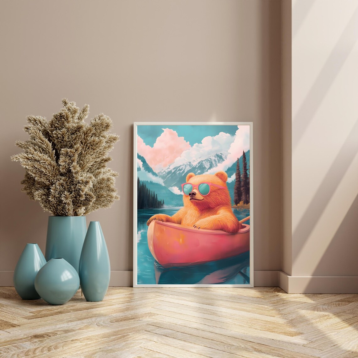 Relaxed Orange Bear in Pink Sunglasses Drifting in a Pink Canoe on a Lake Poster - Image 7