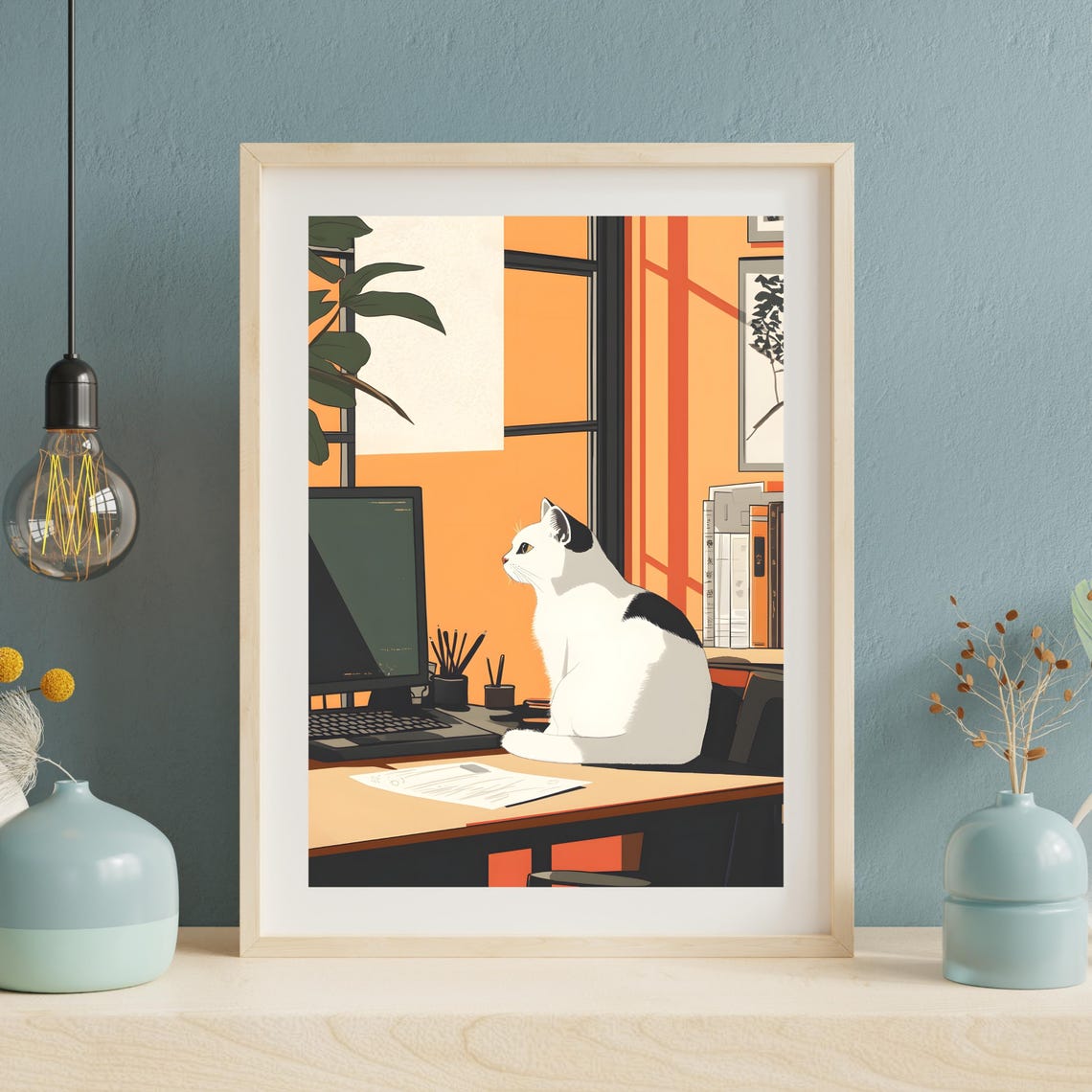 Cat Working at Desk Office Cozy Workspace Animal Nursery Art Poster - Image 2