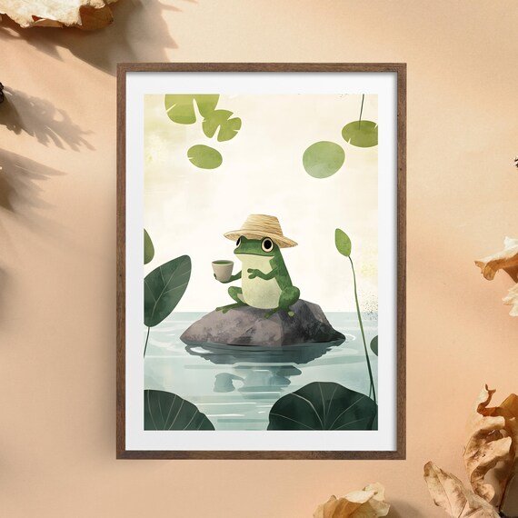 Sweet Cute Frog in Straw Hat Sipping Tea Atop a Pond Rock Poster