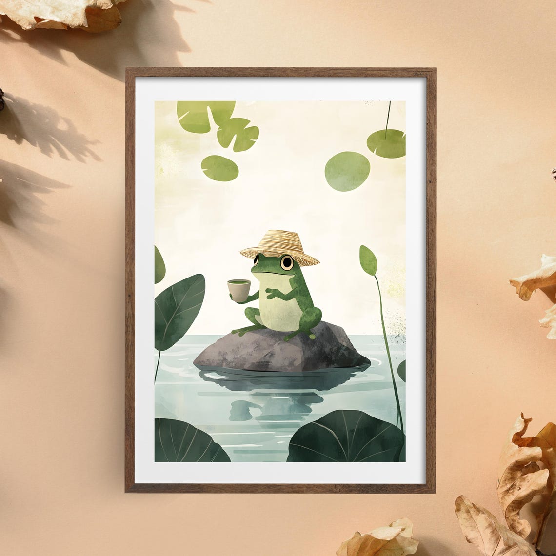 Sweet Cute Frog in Straw Hat Sipping Tea Atop a Pond Rock Poster