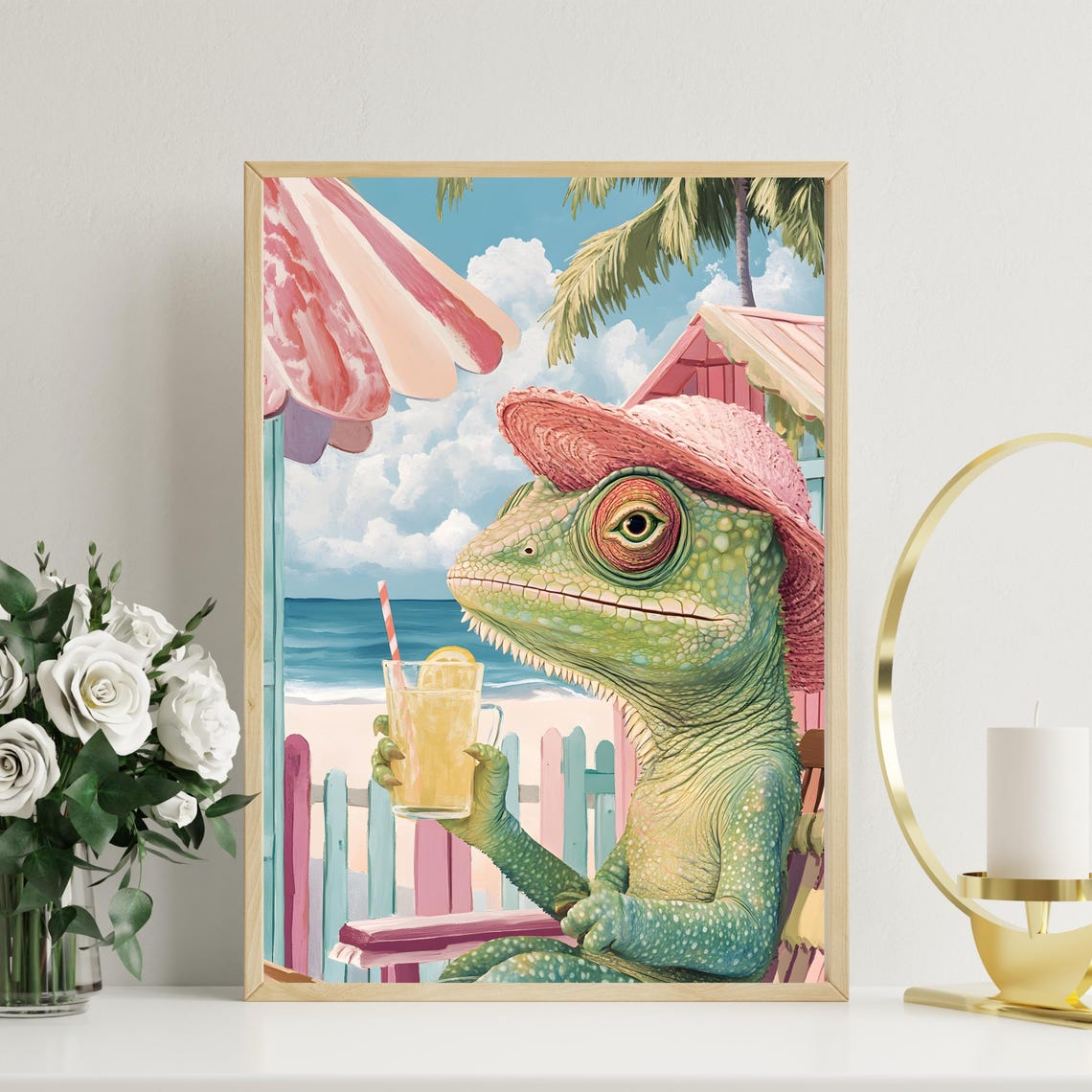 Chameleon in Pink Straw Hat Sipping Lemonade at Beach Poster