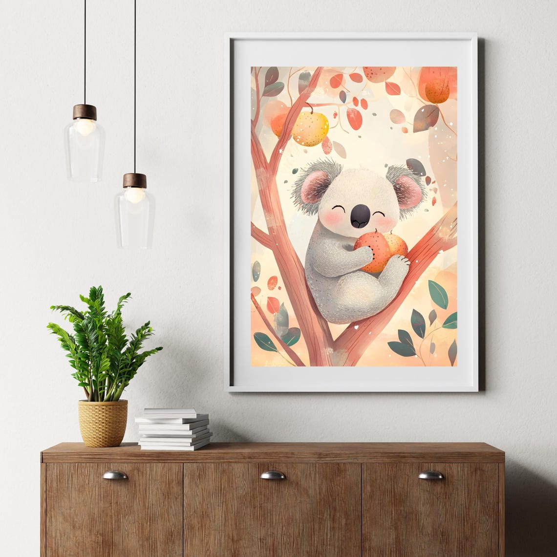 Smiling Baby Koala Hugging Fruit in Pastel Autumn Tree Poster - Image 2