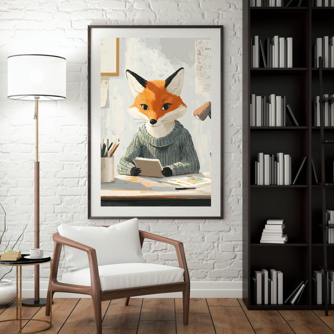 Cozy Fox in a Knit Sweater Reading a Book at a Wooden Desk Poster - Image 4