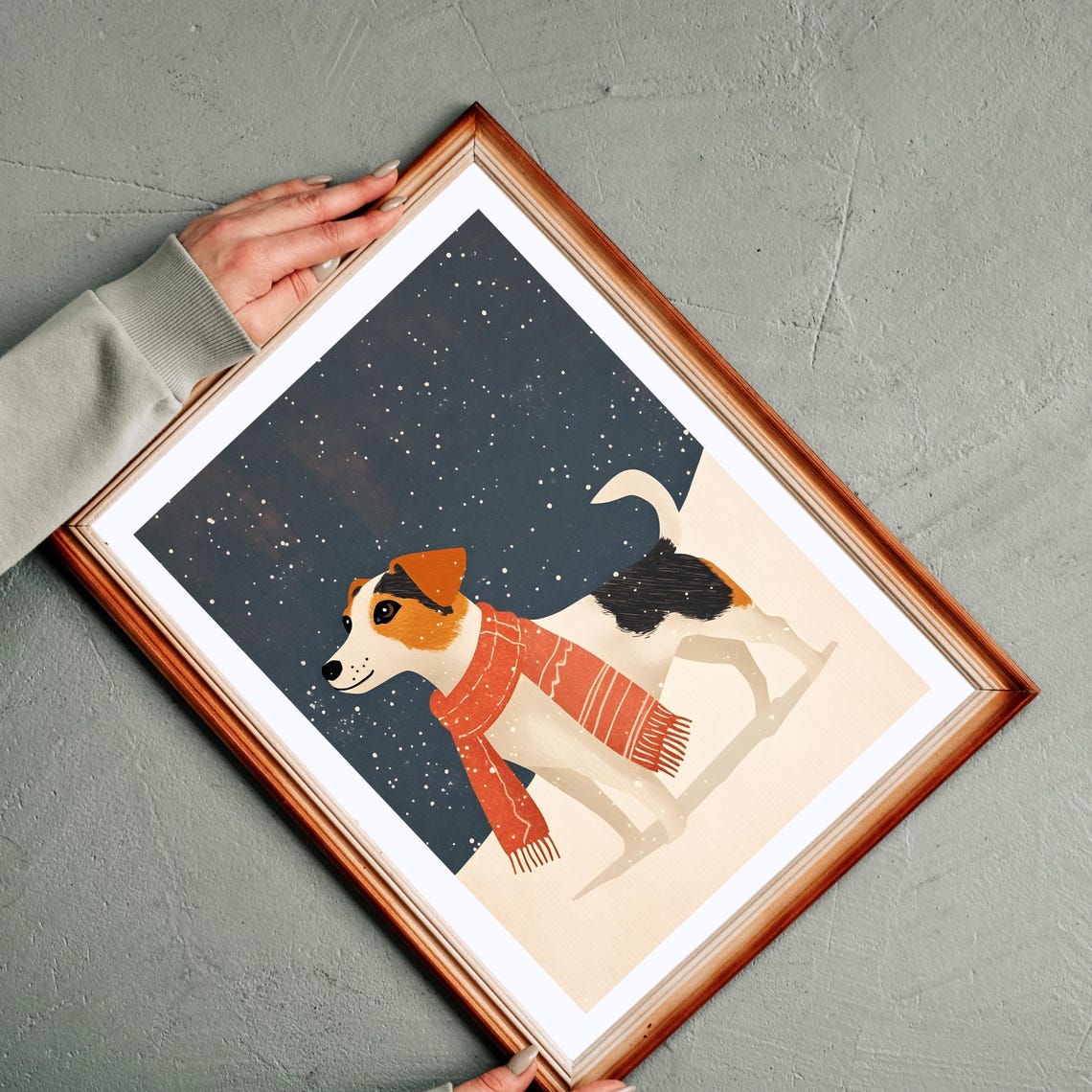 Dog Wearing A Red Scarf Standing In Falling Snow Winter Night Poster - Image 2