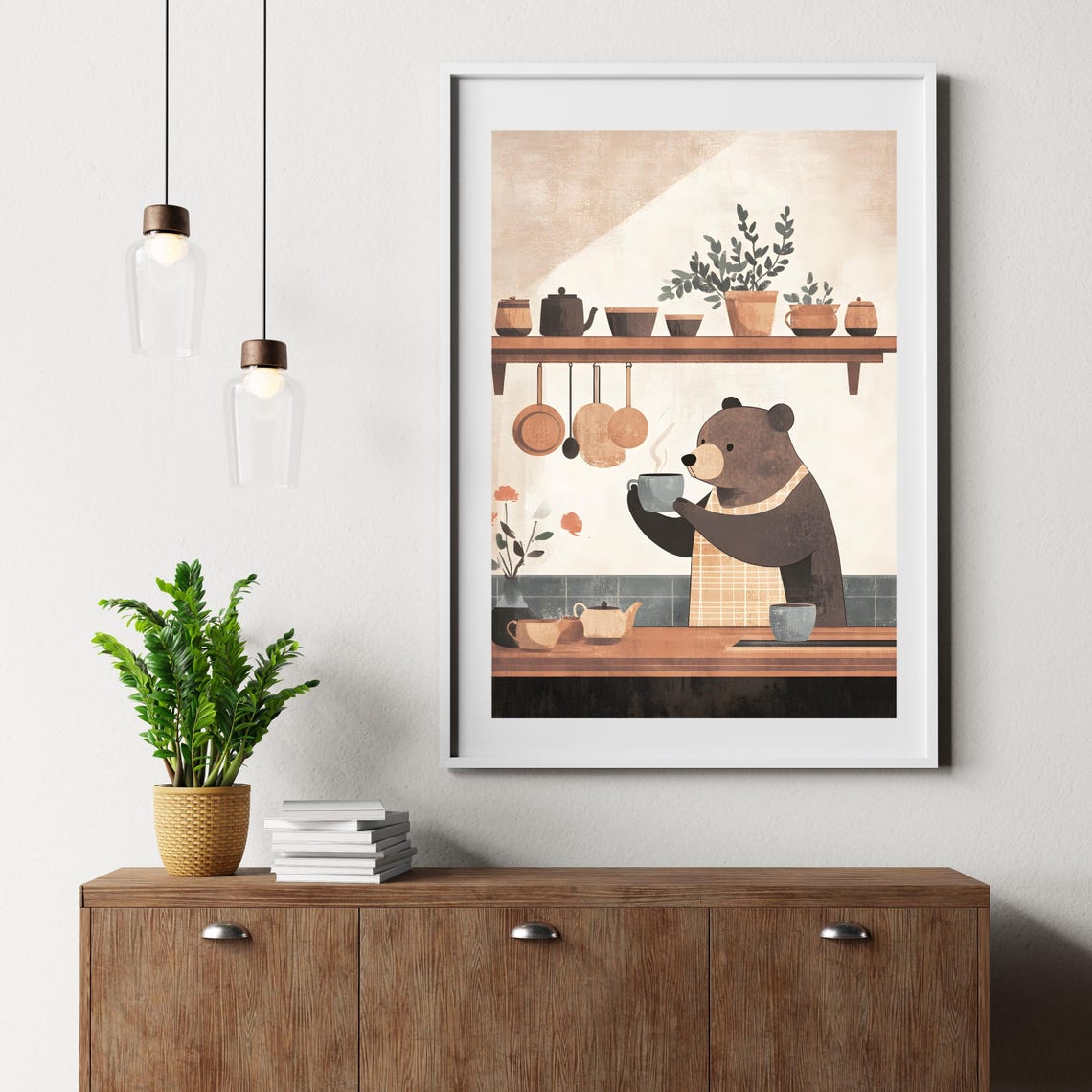 Cute Bear In Apron Holding A Coffee Cup Cozy Kitchen Art Poster - Image 2