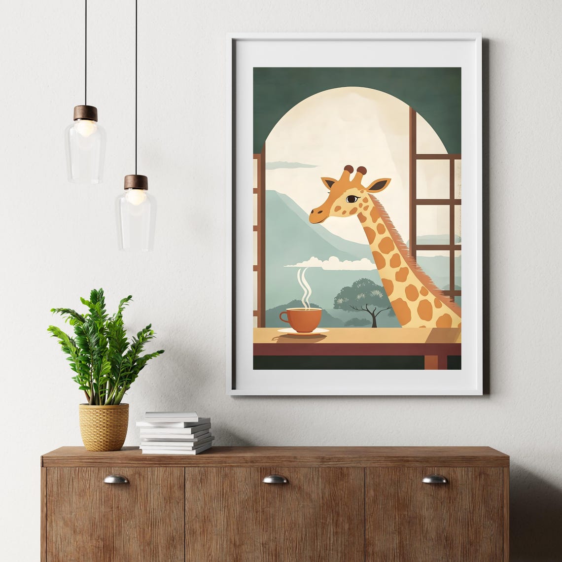 Giraffe Peeking Through A Window At A Steaming Cup Of Coffee Poster - Image 7