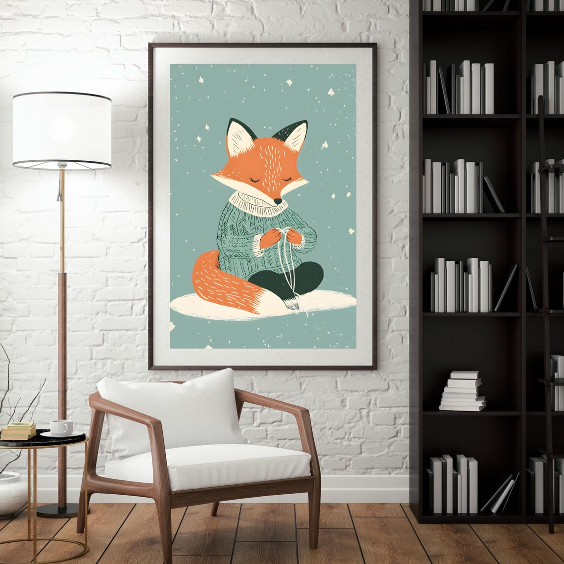 Fox Knitting in Sweater Winter Snowfall Cozy Animal Nursery Art Poster - Image 5