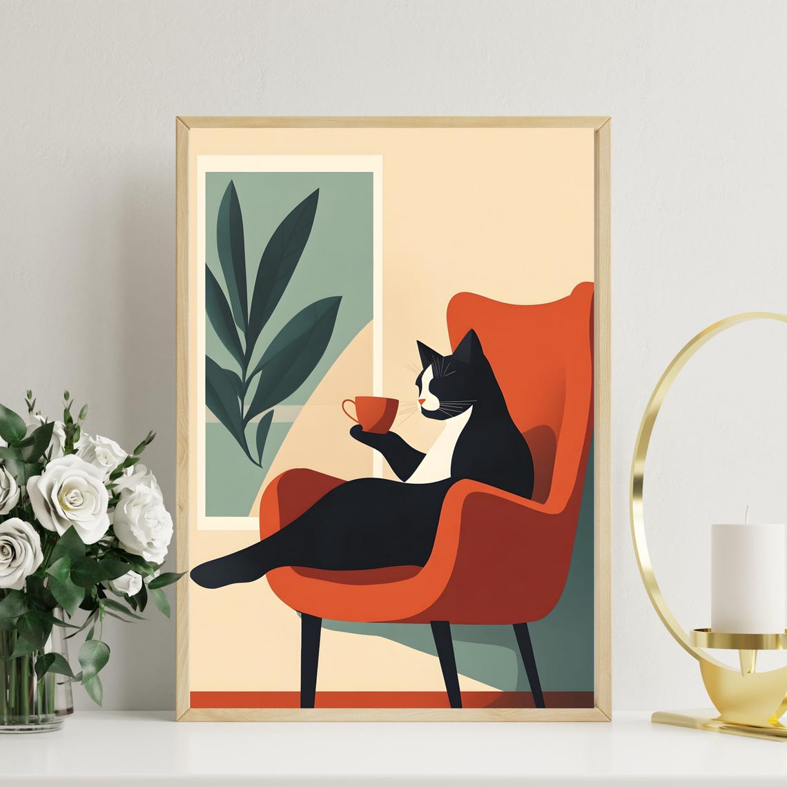 Black and White Cat Sipping Coffee in Orange Armchair Poster - Image 2