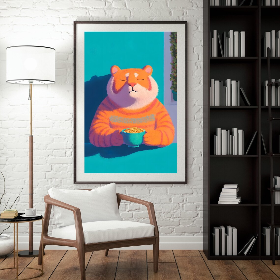 Cozy Orange Tiger in Knit Sweater Holding Bowl of Noodles Poster - Image 3