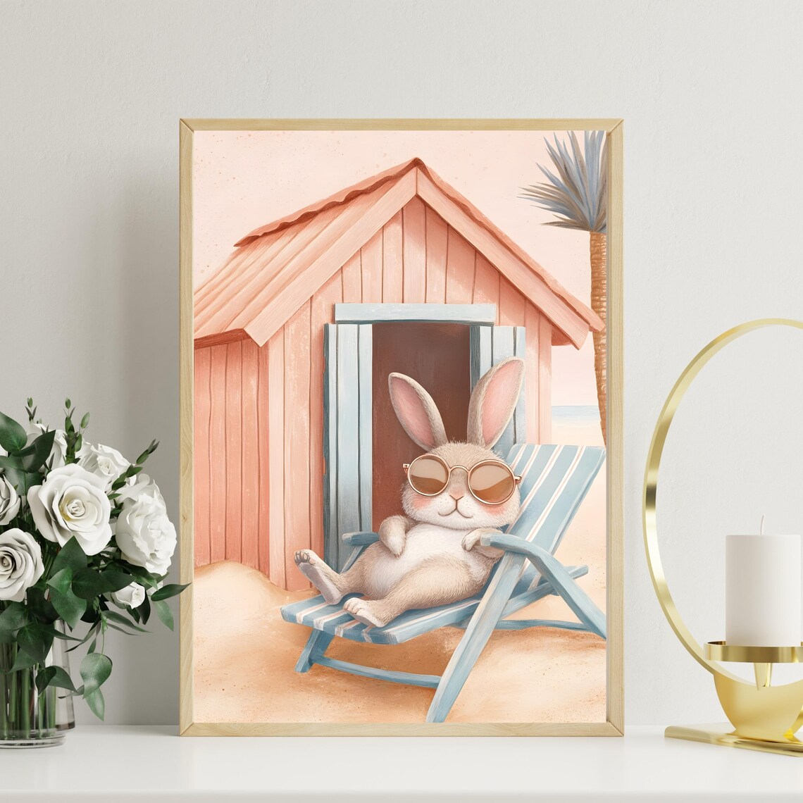 Relaxing Bunny in Sunglasses on Beach Chair at Pink Beach Hut Poster