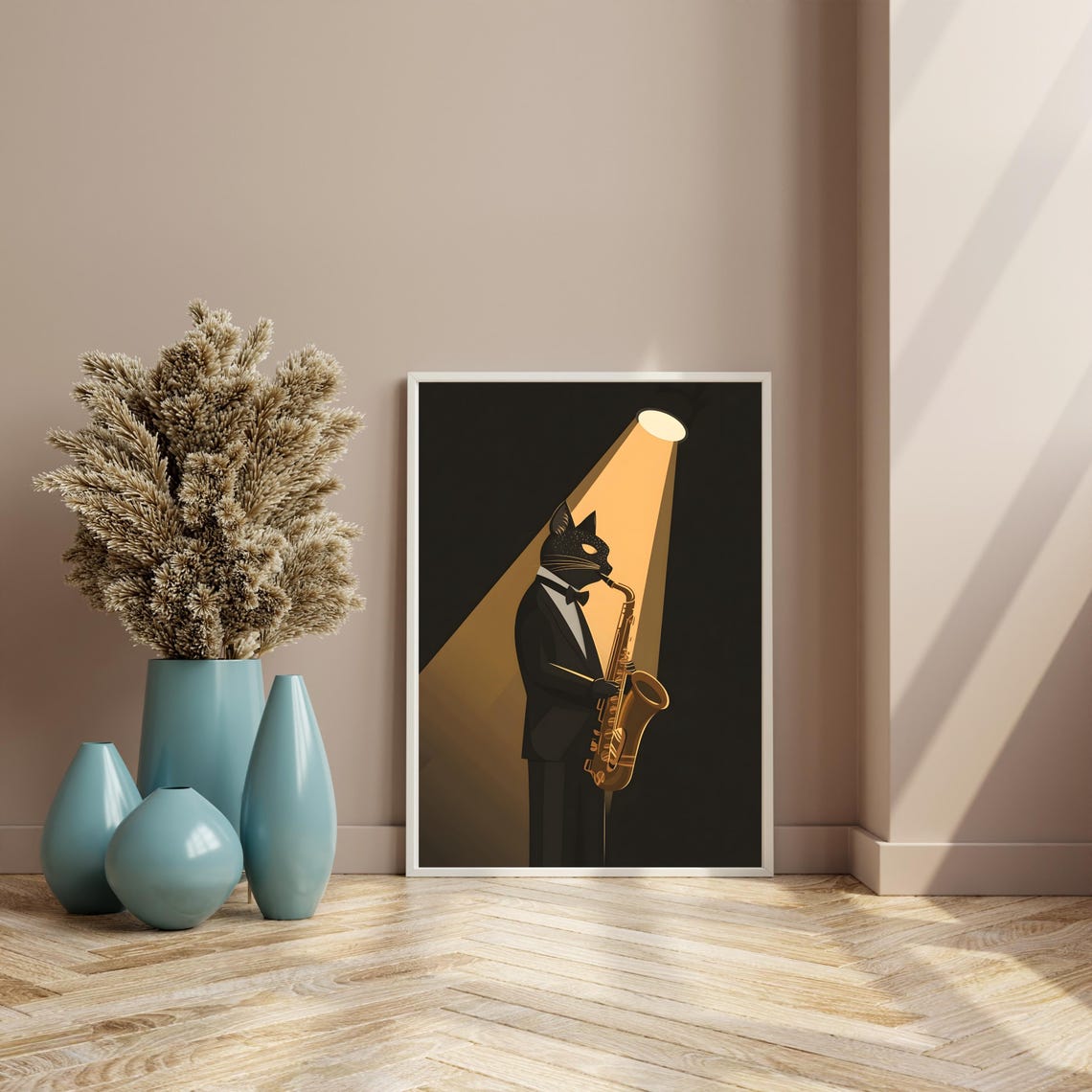 Black Cat in Tuxedo Playing Saxophone Under Spotlight Poster - Image 7