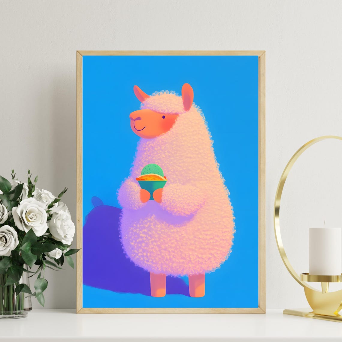 Fluffy Pastel Llama Holding Colorful Ice Cream Sundae Cup Poster