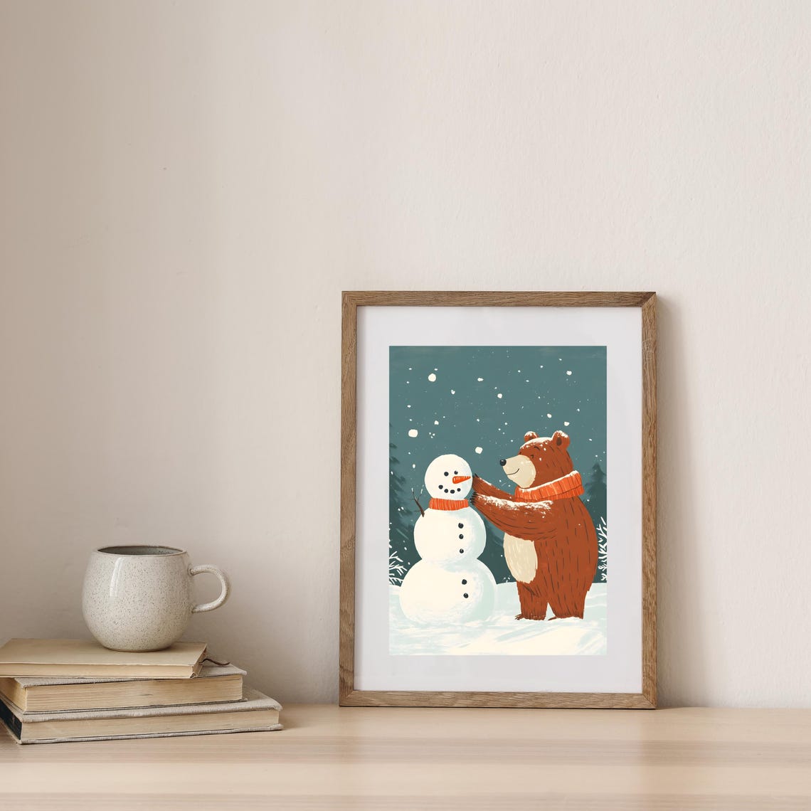 Cute Brown Bear in Orange Scarf Building a Snowman Winter Poster - Image 7