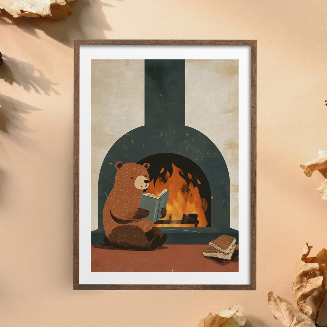 Cozy Brown Bear Reading a Book by a Crackling Fireplace Poster - Image 4