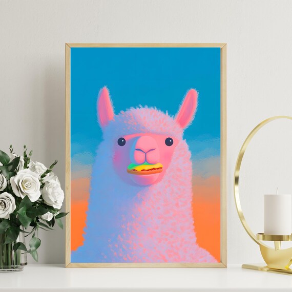 Playful Pink Llama Munching Burger on Sunset Gradient Poster