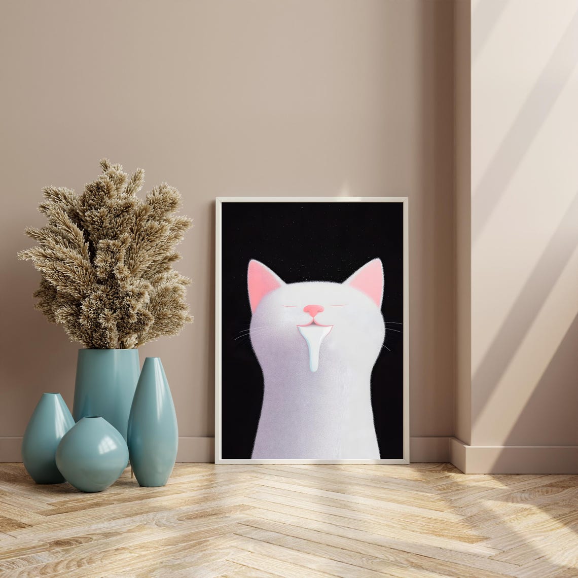 White Cat Drinking Milk With Dripping Milk Minimalist Cat Poster - Image 4