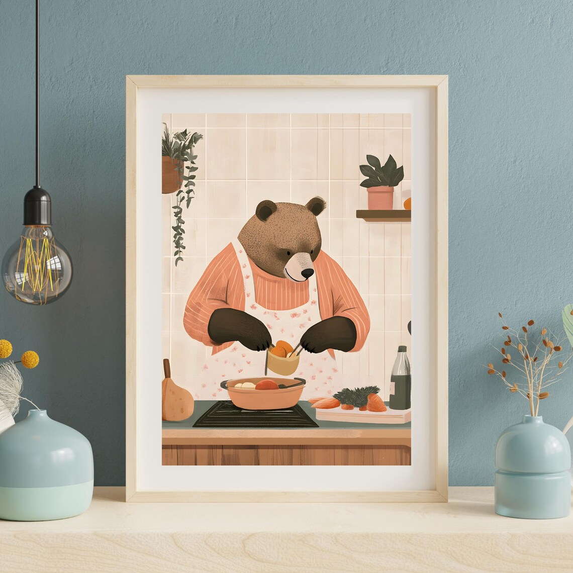 Cozy Bear Chef Cooking at the Stove Wearing a Floral Kitchen Apron Poster - Image 3