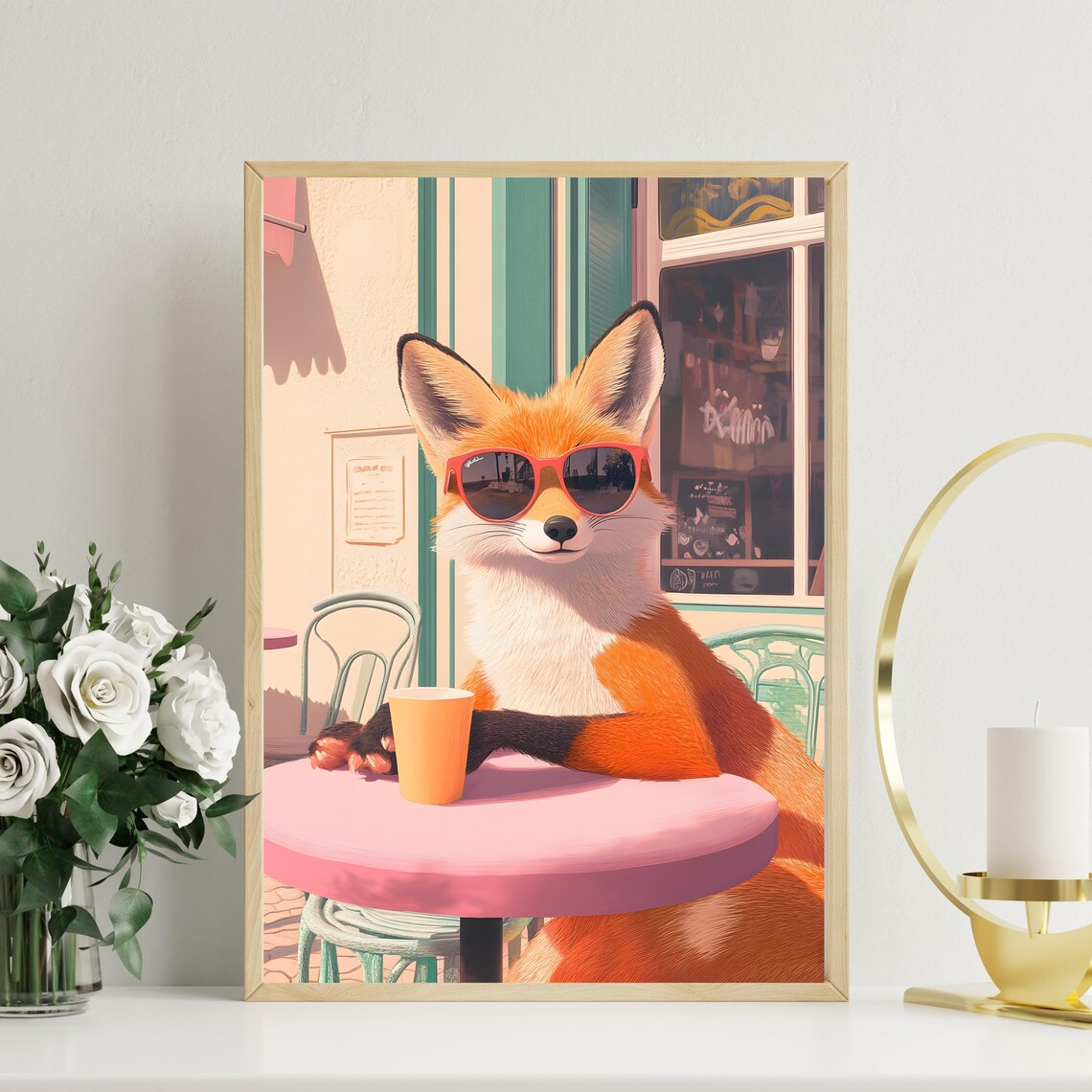 Chic Red Fox in Red Sunglasses Relaxing at a Pink Parisian Cafe Table Poster