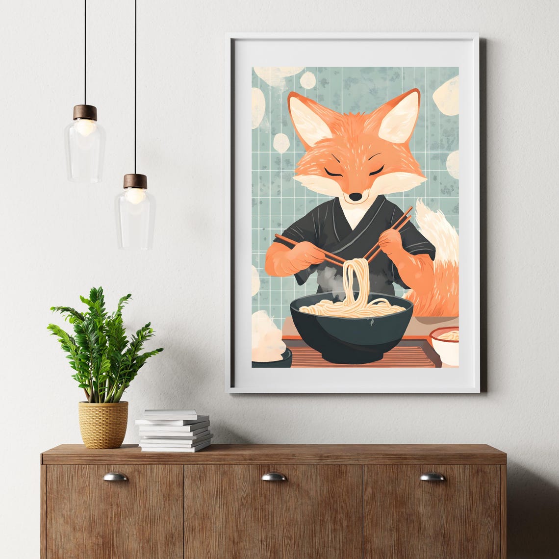 Fox Eating Ramen Noodles Cute Japanese Kitchen Animal Art Poster - Image 4