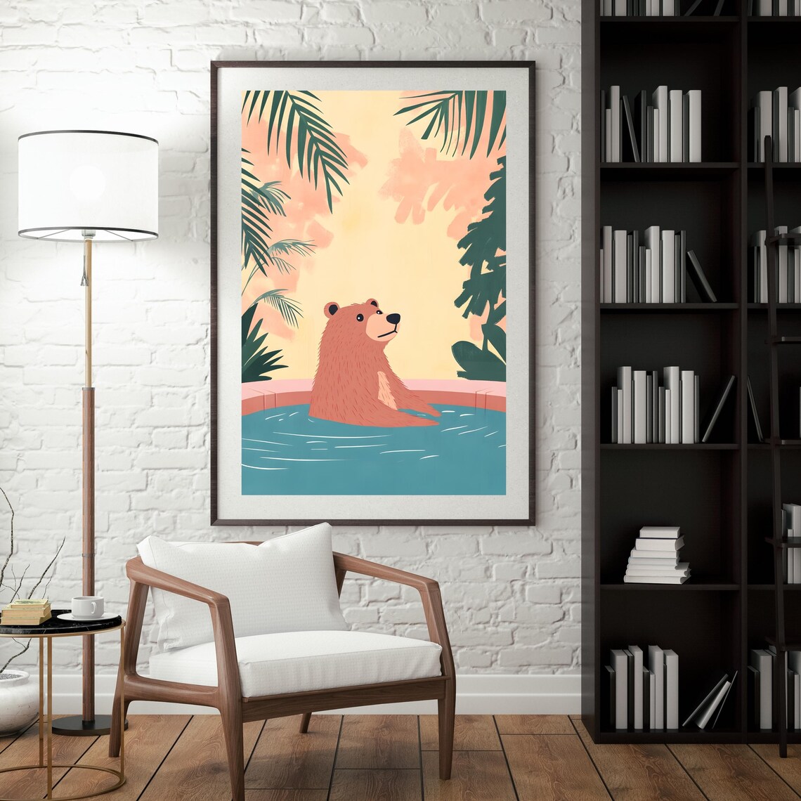 Smiling Brown Bear Floating in a Tropical Pool Under Pink Sunset Skies Poster - Image 4