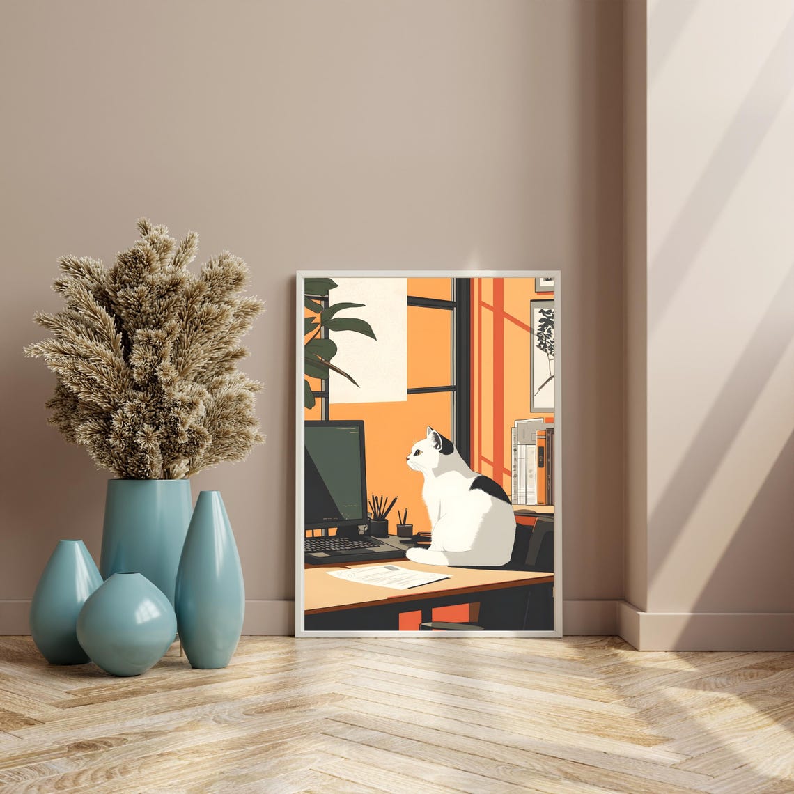 Cat Working at Desk Office Cozy Workspace Animal Nursery Art Poster - Image 7