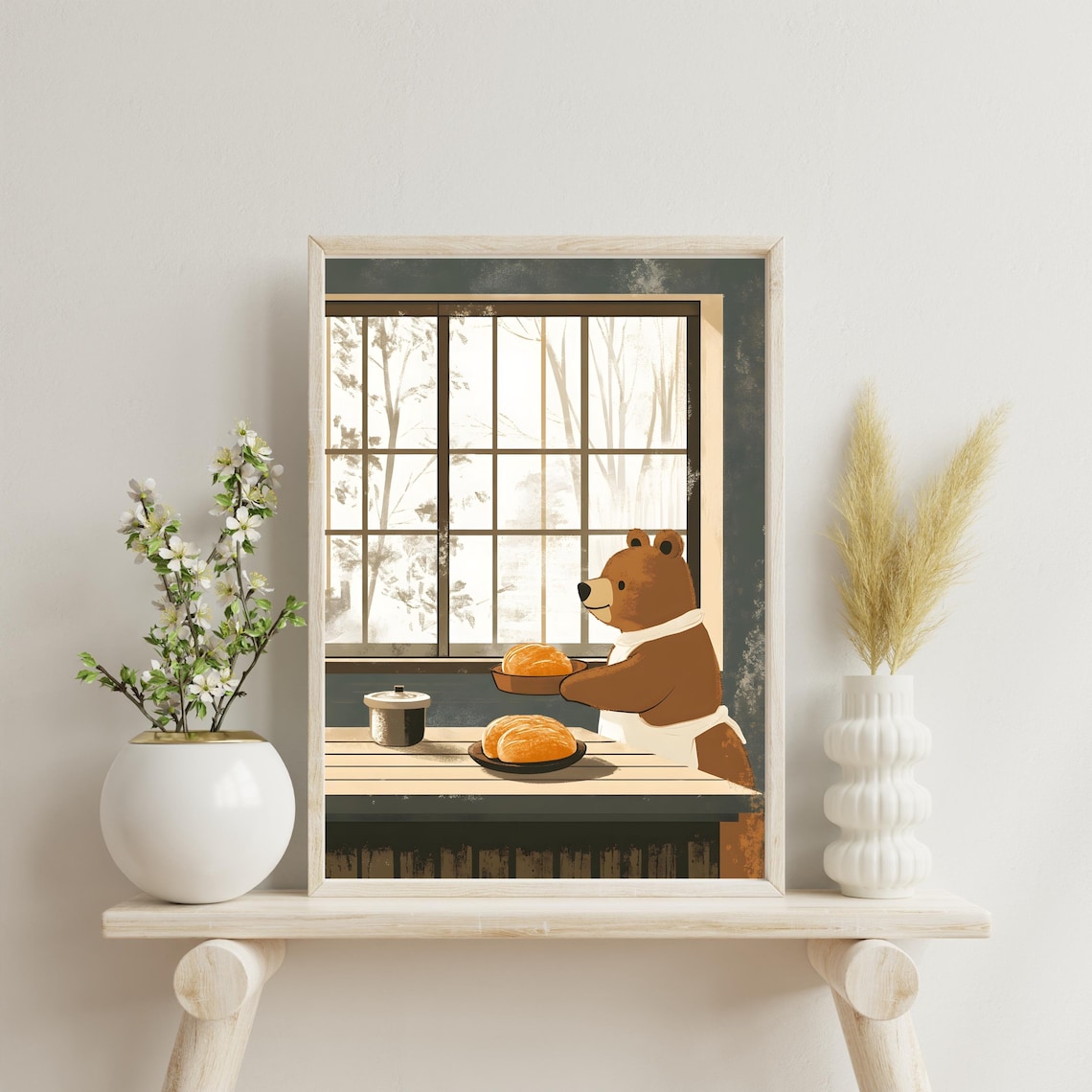 Gentle Brown Bear Baker Serving Fresh Bread Rolls at a Rustic Table Poster - Image 3