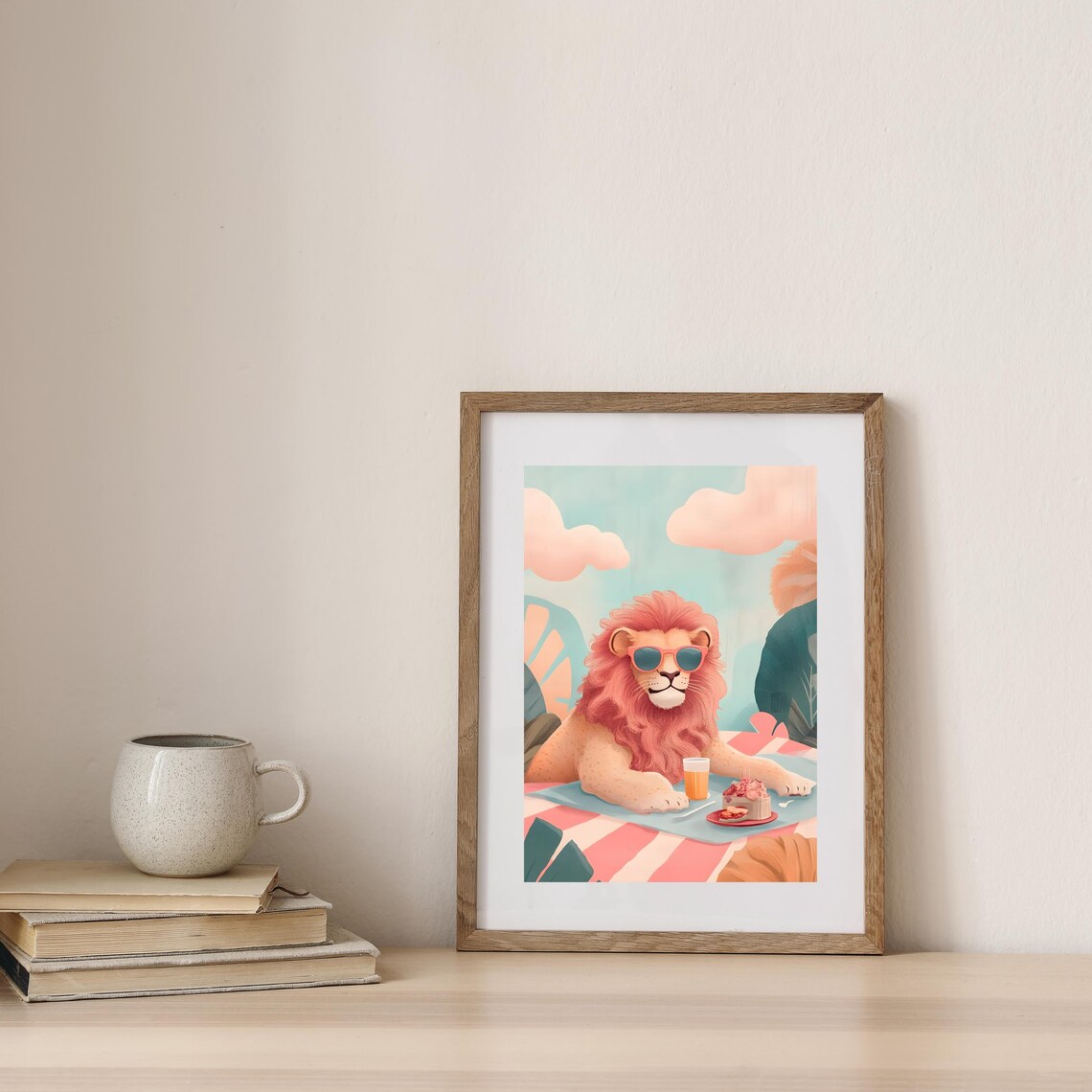 Carefree Lion With a Coral Mane and Sunglasses Lounging at a Pink Picnic Poster - Image 5