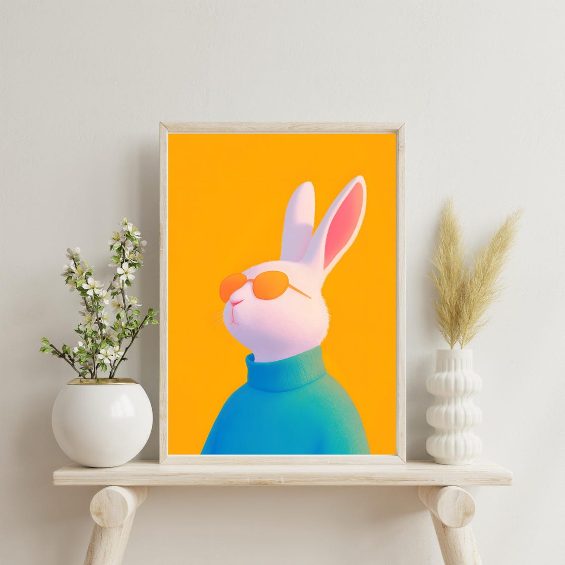 Cool White Rabbit in Orange Sunglasses and Teal Turtleneck Poster - Image 3