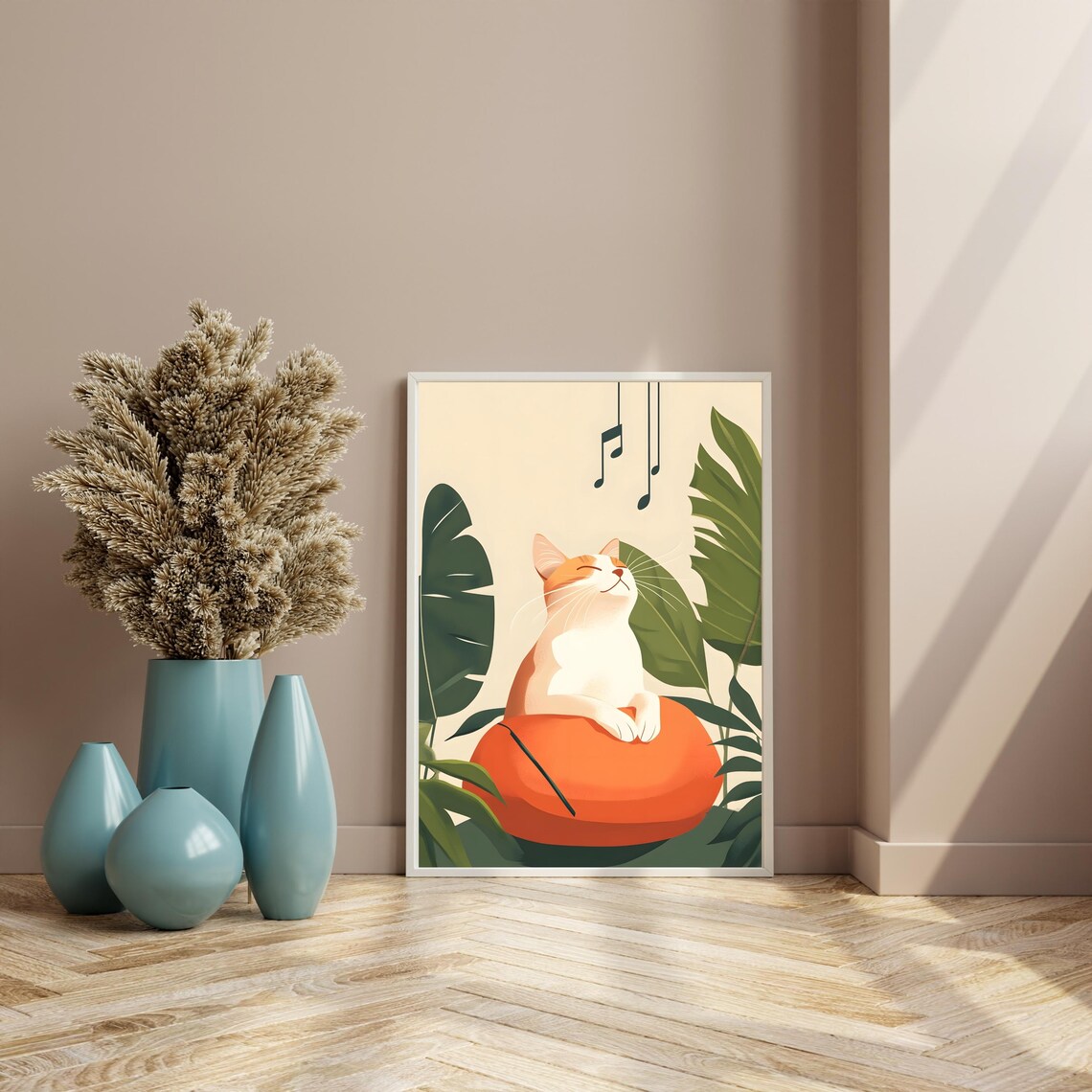 Happy White Cat on an Orange Pouf among Tropical Leaves Poster - Image 8