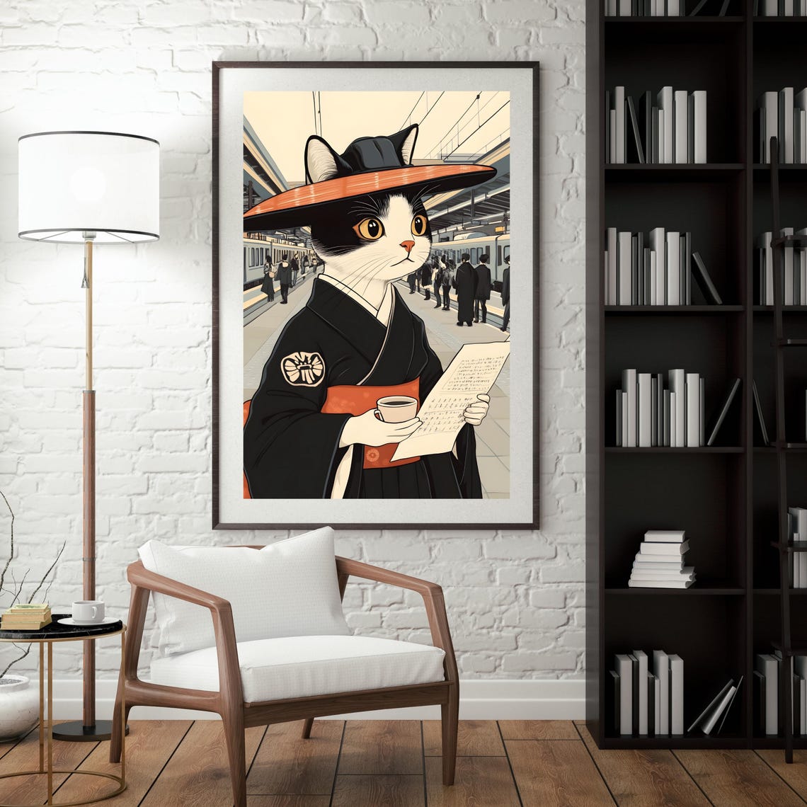 Cat in Kimono Sipping Tea at a Bustling Train Station Poster - Image 3