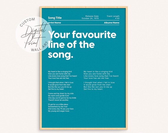 Custom Favorite Song Lyric Print Teal Personalized Music Gift Wall Decor