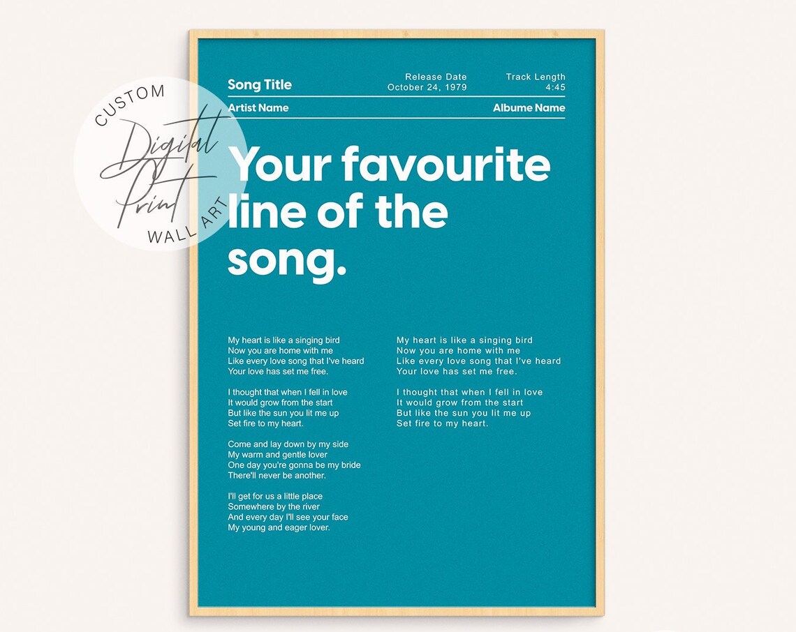 Custom Favorite Song Lyric Print Teal Personalized Music Gift Wall Decor