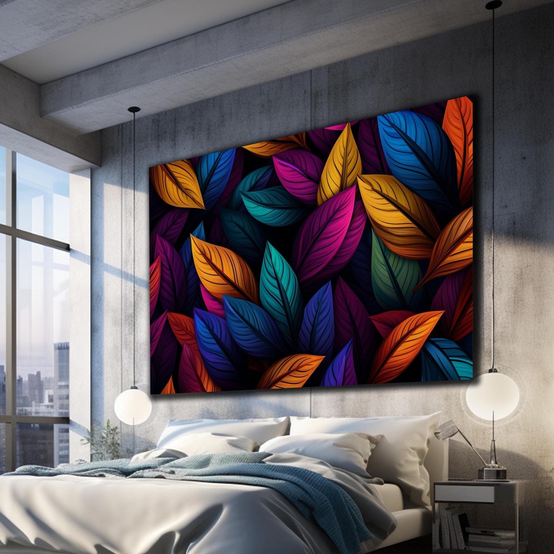 Large Rainbow Leaves on Black Bold Botanical Pattern Modern Poster
