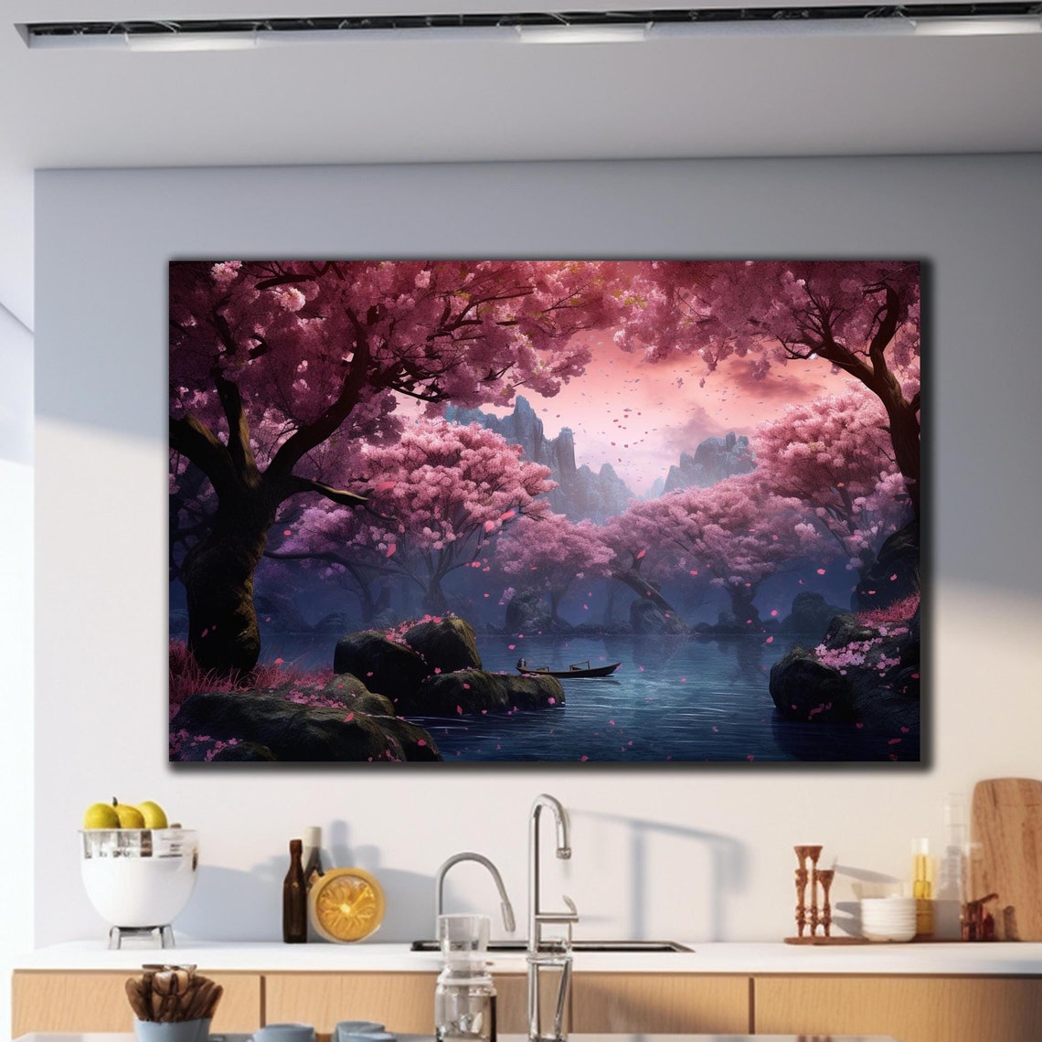 Cherry Blossom Lake Boat Misty Mountains Pink Twilight Wall Poster