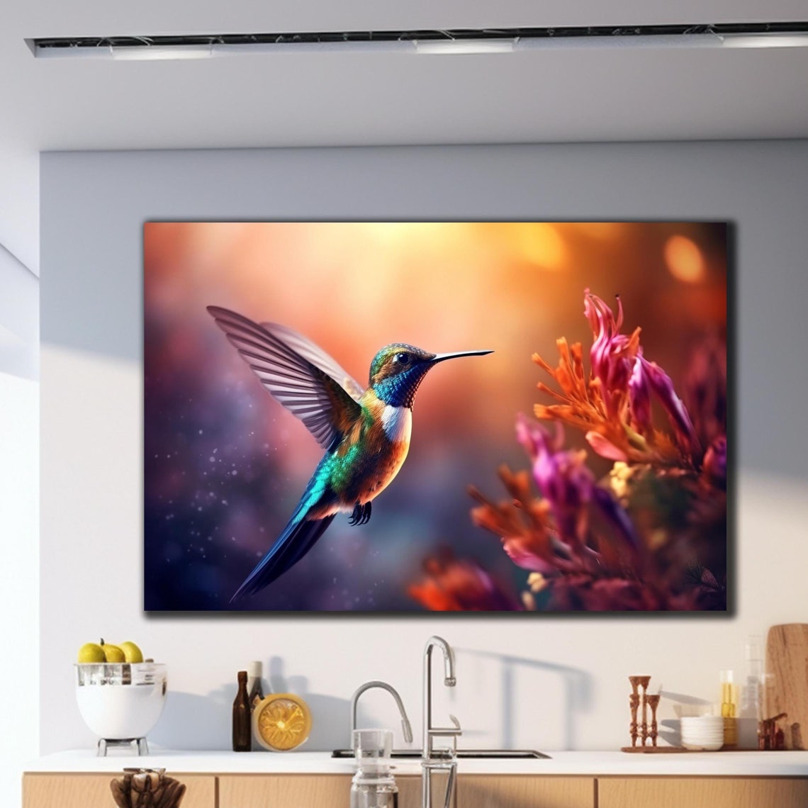 Iridescent Blue Green Hummingbird Orange Flowers Sunset Art Poster
