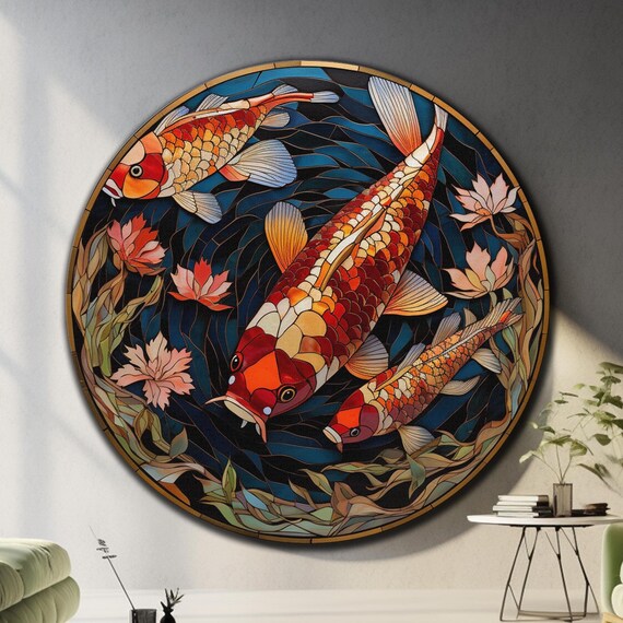Koi Fish Wall Art Tempered Glass Wall Art Glass Printing Large Glass Wall Art Round Wall Art Koi Fish Wall Decor Japanese Koi Fish