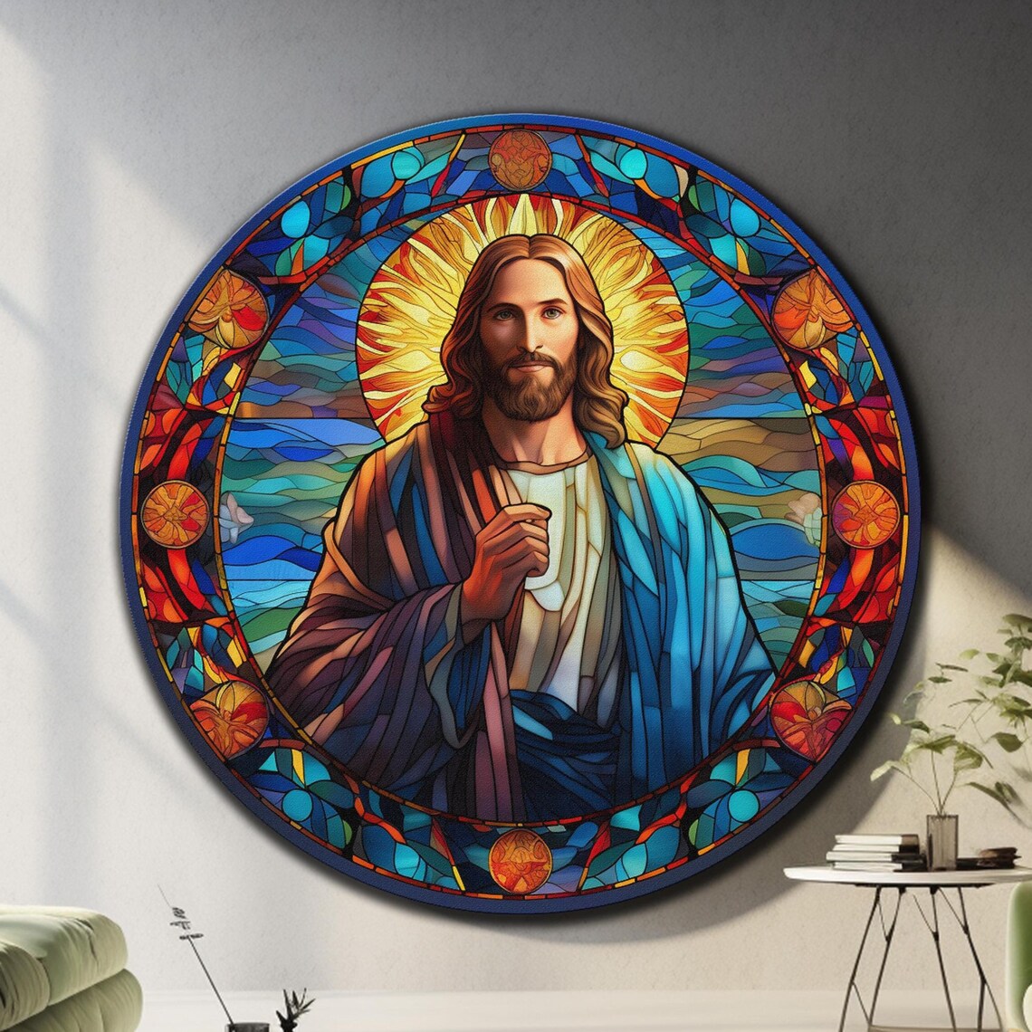 Jesus Christ Colorful Stained Glass Blue Robe Golden Halo Wall Art