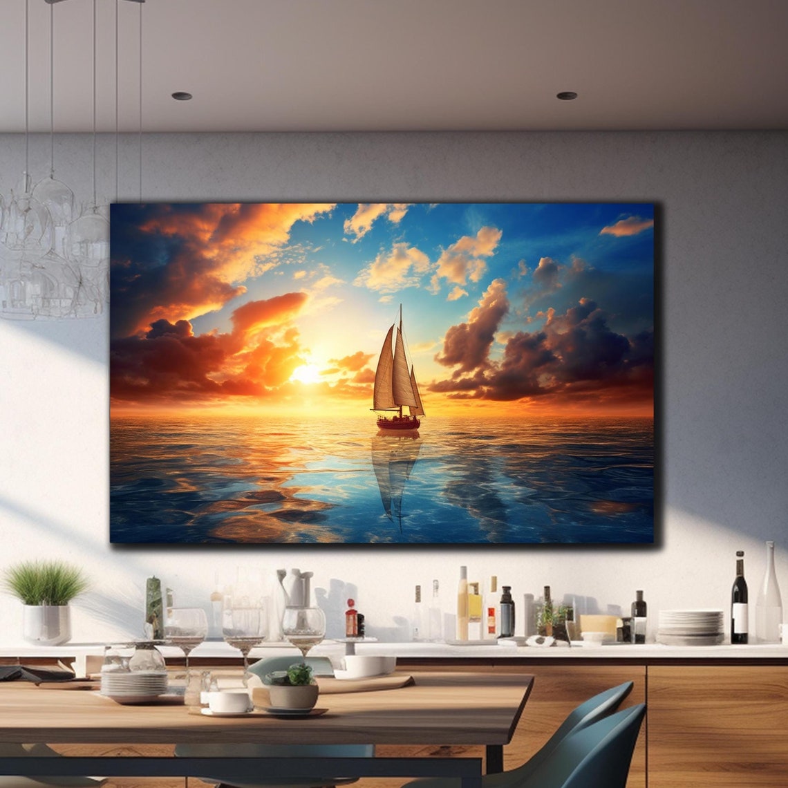 Lone Sailboat Sunset Dramatic Clouds Reflective Ocean Golden Poster