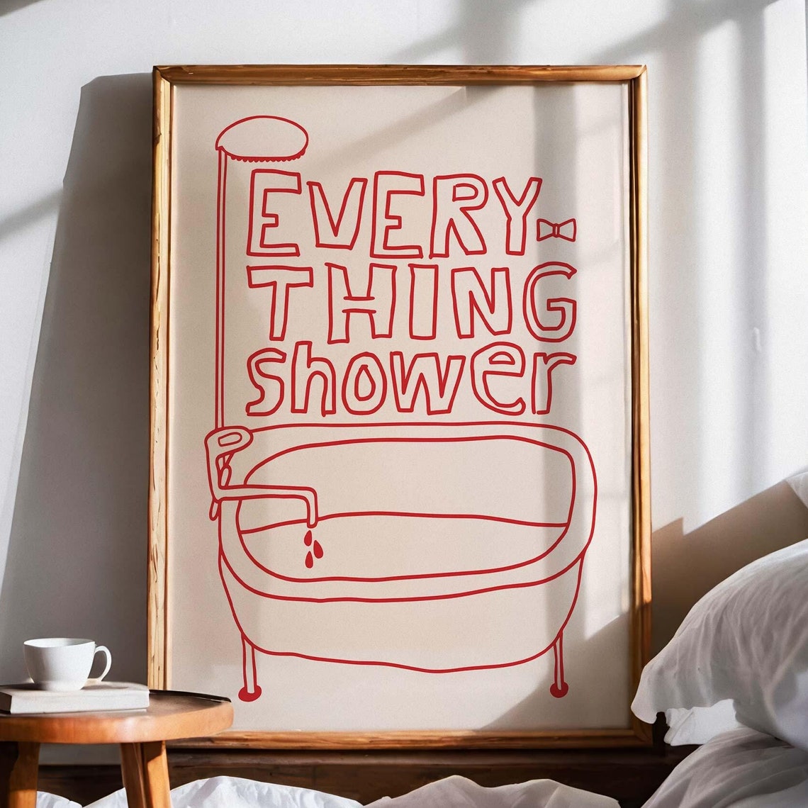 Everything Shower Red Line Bathtub Poster Hand Drawn Bathroom Decor