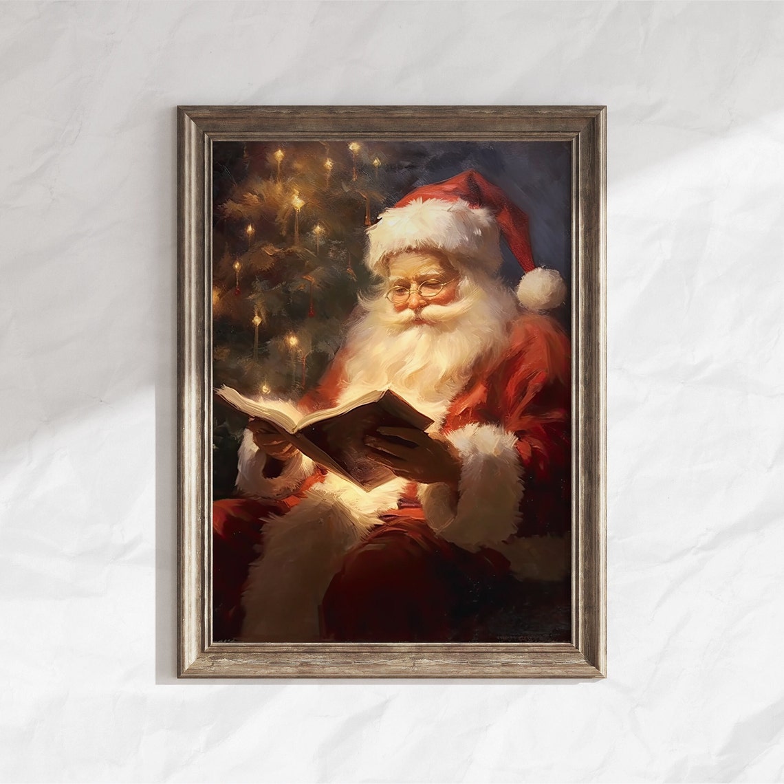 Vintage Painting Of Santa Claus Reading A Book Under Christmas Tree Cozy Christmas Wall Art Winter Holiday Print Holiday Season - Image 2