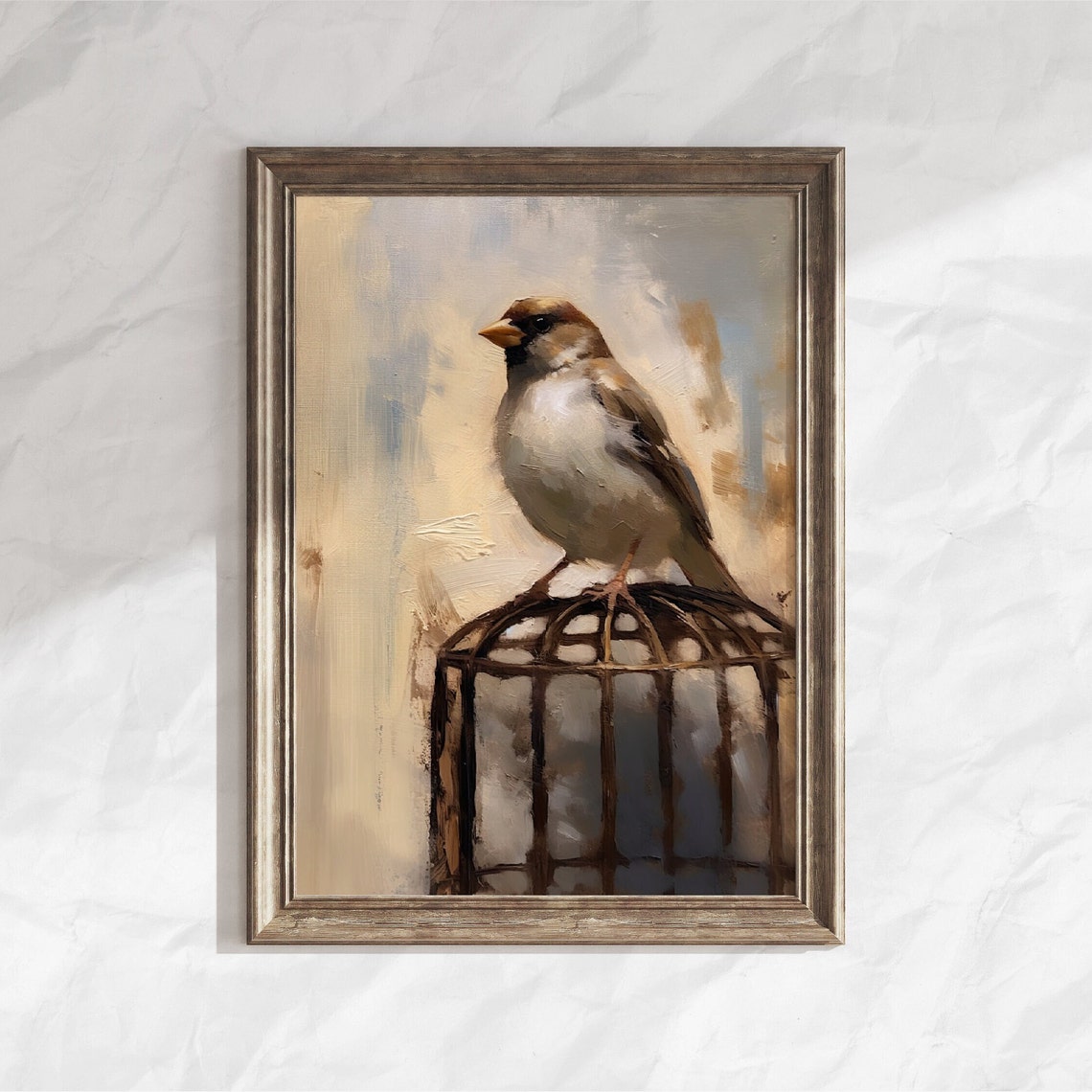 House Sparrow Perched On Vintage Birdcage Moody Bird Painting Poster - Image 3