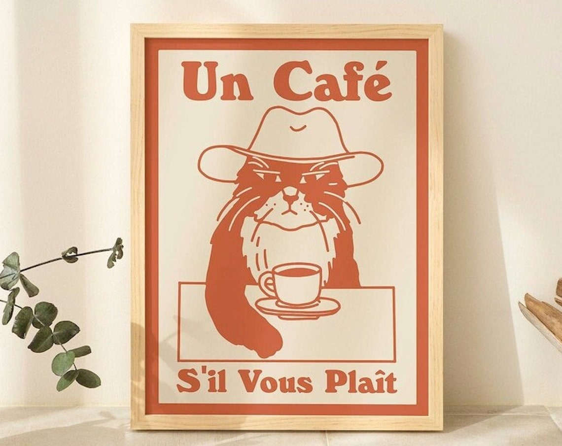 Un Cafe S'il Vous Plait Retro Grumpy Cat Cowboy Kitchen Coffee Poster